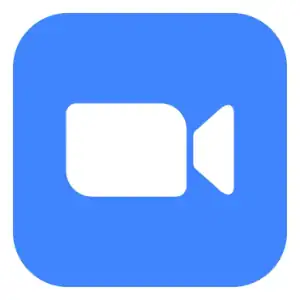A blue square icon with a white video camera symbol in the center, representing the Zoom video conferencing application.